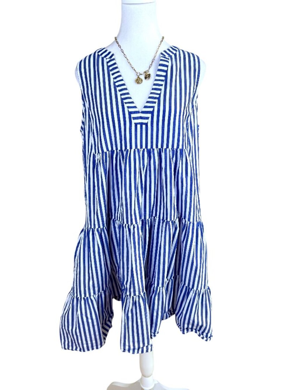 Pomander Place Navy and White Striped V-Neck Tiered Mini Dress - Picture 2 of 9